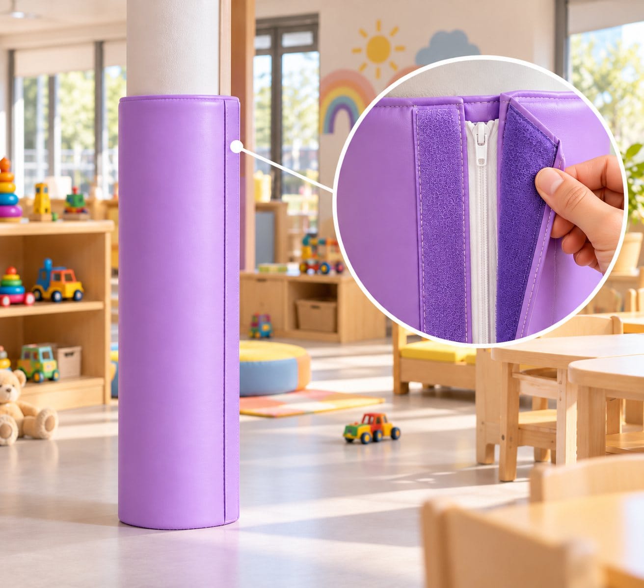 Protection de poteau violette installée autour d’un poteau dans une salle de crèche
